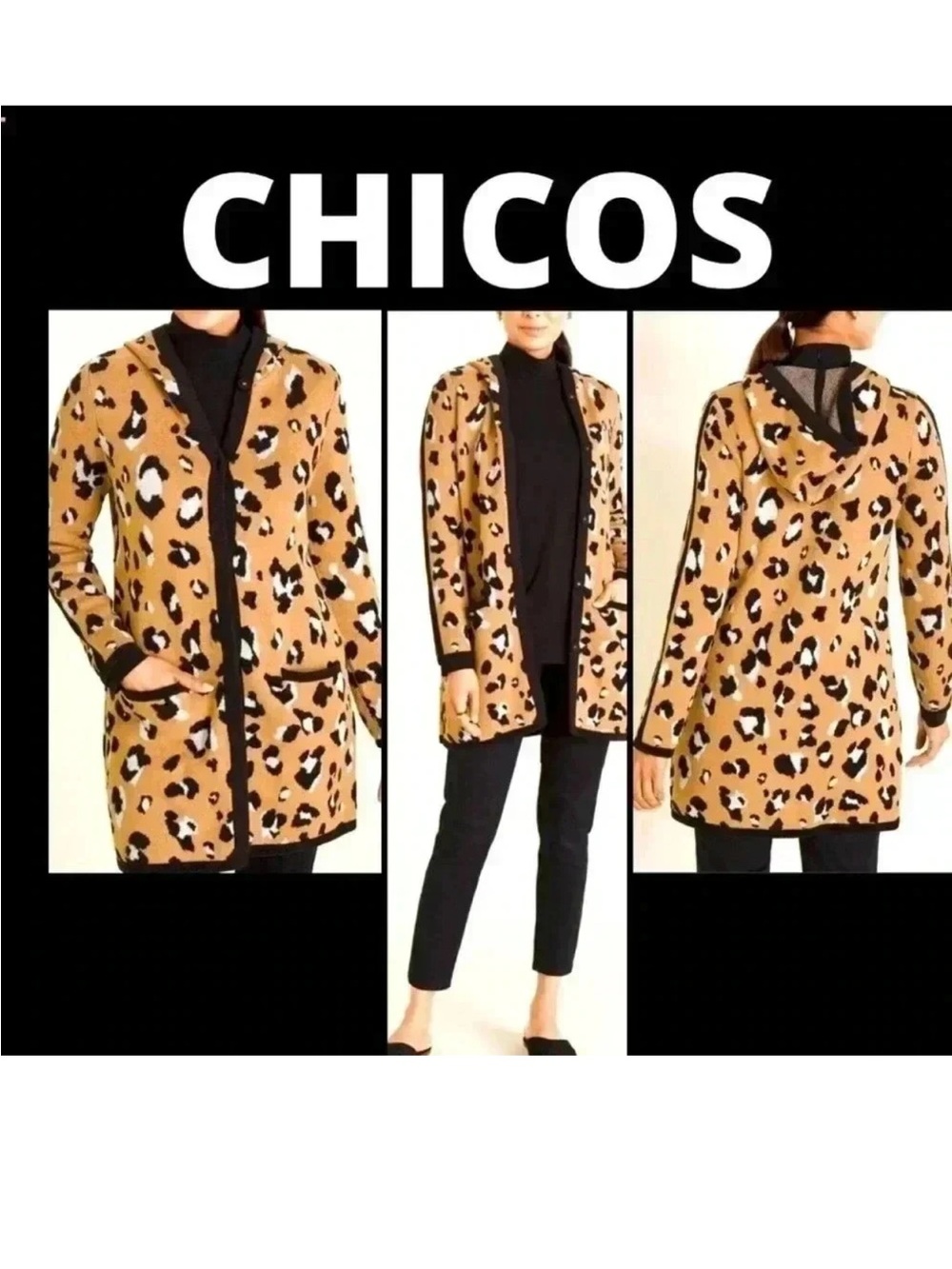 Chicos leopard print hooded cardigan sweater jacket with pockets SZ XL